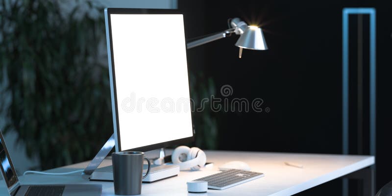 Pc alb și laptop gol cu un monitor alb mare gol la un birou elegant modern în timpul zilei 3d. stock illustration