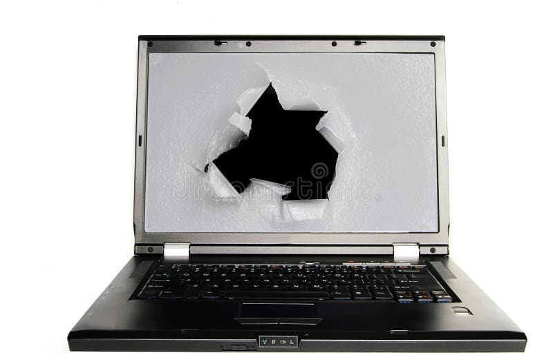 Laptop with a hole torn in the screen. Laptop with a hole torn in the screen