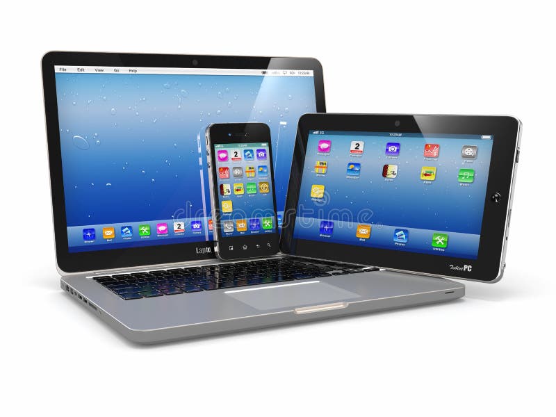 Laptop, phone and tablet pc. Electronic devices. 3d. Laptop, phone and tablet pc. Electronic devices. 3d
