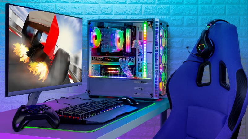 Pc de juegos rgb iluminado colorido con monitor de teclado ratón y silla con pantalla de carreras delante de ladrillo de luz led