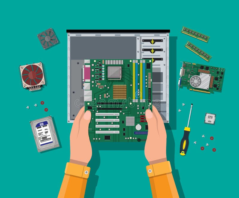 Hands with motherboard, hard drive, cpu, fan, graphic card, memory, screwdriver and case. Assembling PC. Personal computer hardware. Vector illustration in flat style. Hands with motherboard, hard drive, cpu, fan, graphic card, memory, screwdriver and case. Assembling PC. Personal computer hardware. Vector illustration in flat style