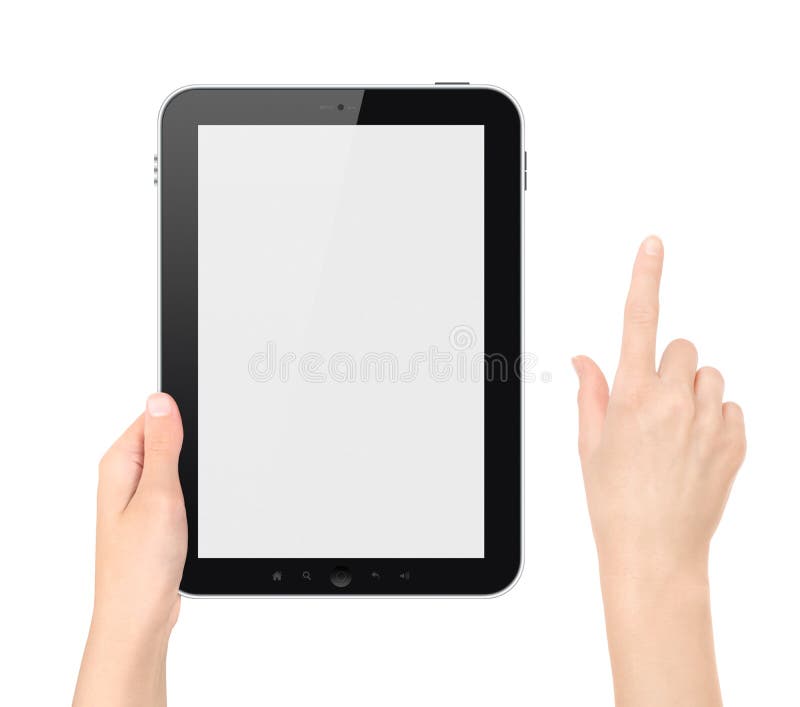 PC de tablette de fixation avec la main émouvante d'isolement photos libres de droits