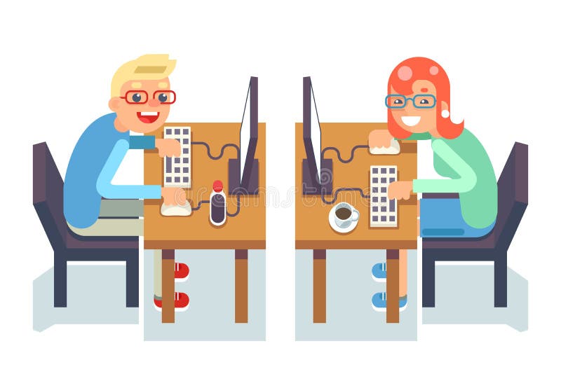 PC monitor programmer gamer table chair guy girl isolated icon flat design character vector illustration