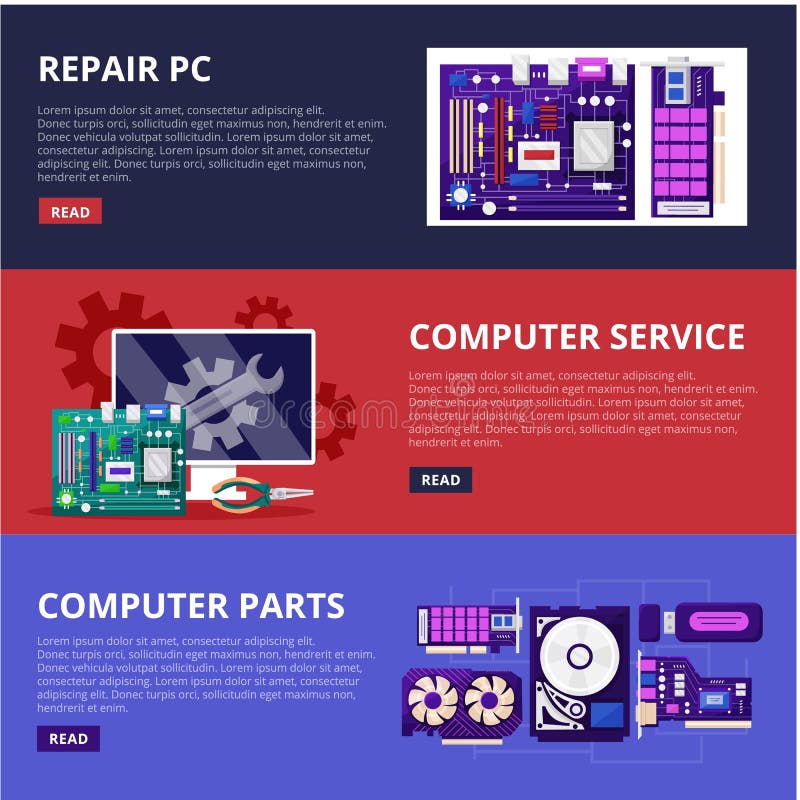 PC Repair. Computer Service  Banners Set. Hardware Components