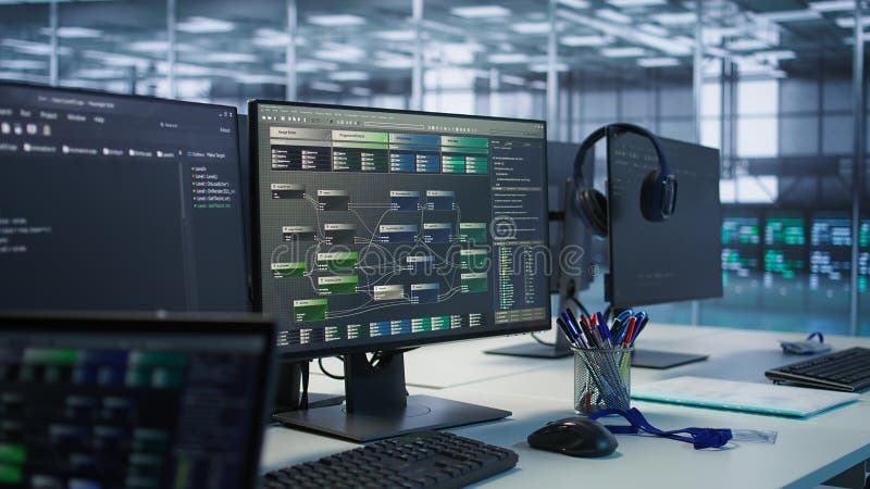 PC screens on server hub office desk showing programming software, close up royalty free stock photos