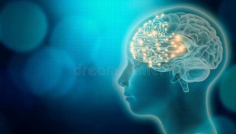 PCB brain with 3d render human head profile. Artificial intelligence or AI concepts. Futuristic or advanced science and technology royalty free illustration PCB brain with 3d render human head profile. Artificial intelligence or AI concepts. Futuristic or advanced science and technology royalty free illustration