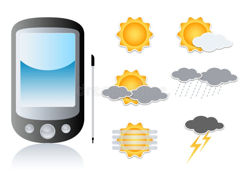 Illustration of pda, pocket pc, smart phone, with symbols of weather. Illustration of pda, pocket pc, smart phone, with symbols of weather