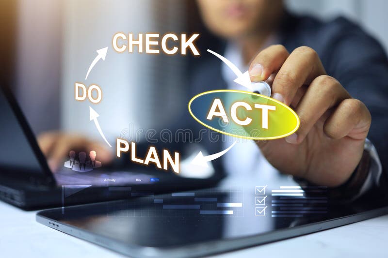 PDCA plan do check act management process concept with businessman circle on action to implement in business activity for improve process and quality of products. Alphabet project stock images, royalty-free photos and pictures