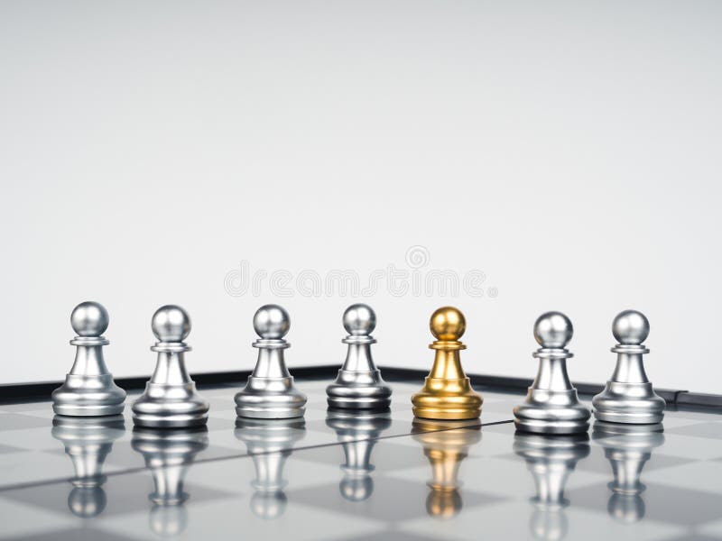 Peça De Xadrez De Peão Dourado Que Lidera Em Frente Ao Grupo De Peças De  Xadrez De Peão Prateado. Foto de Stock - Imagem de jogo, corte: 248351556