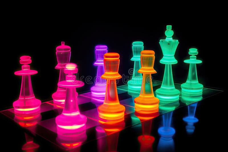 Xadrez neon em movimento com peças se movendo e fazendo seus movimentos  criados com ia generativa