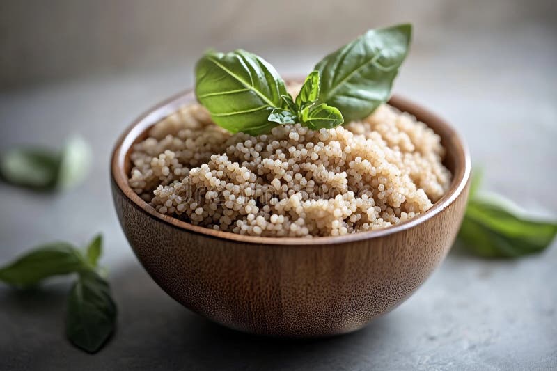 Pe de altă parte, o varietate de ingrediente proaspete înconjoară un bol de cușcuș care a fost condimentat și are un rustic stock image