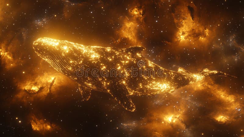 Pe fundalul ceresc al stelelor, o balenă formată din fibre luminoase strălucește creând o ilustrație numită. Pe fundalul ceresc al stelelor, o balenă formată din fibre luminoase strălucește creând un AI generat
