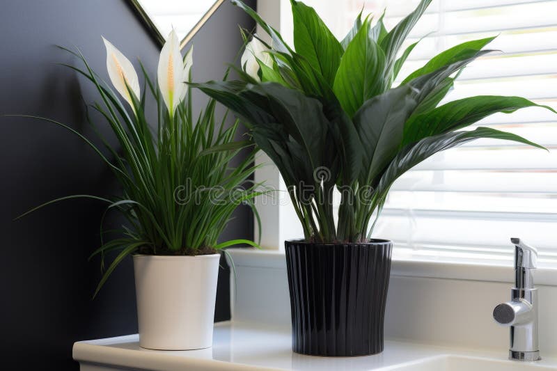 A Peace Lily in a Classic Black Pot at Bathroom Corner Stock ...