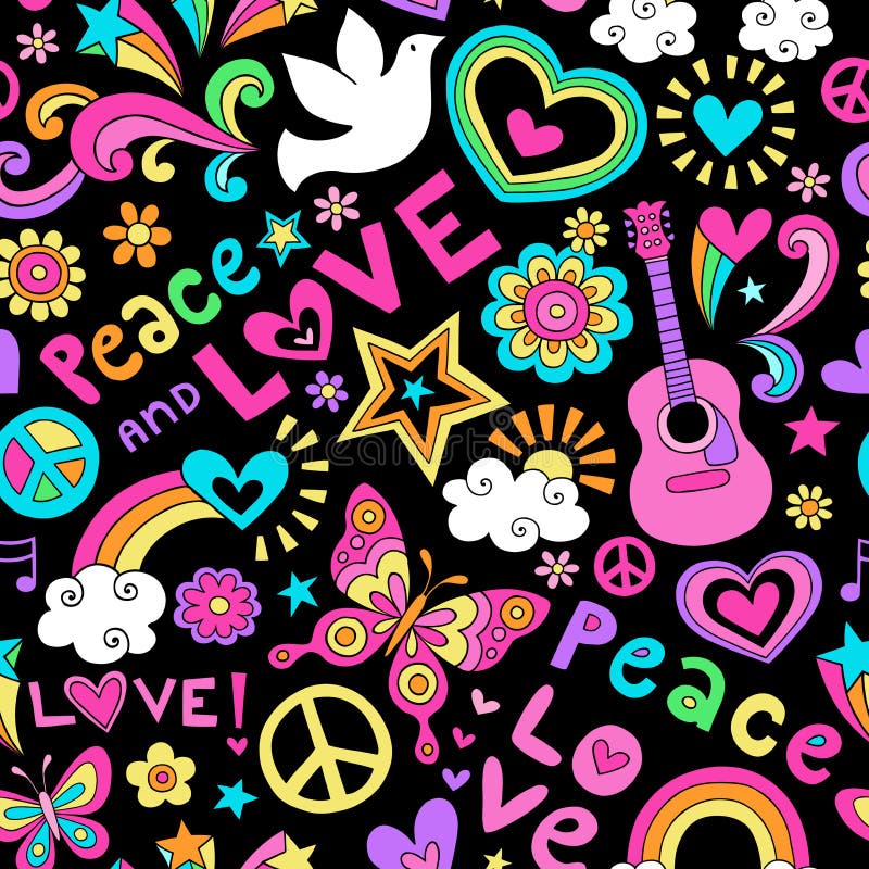 Peace and Love Seamless Pattern Psychedelic Doodle stock illustration