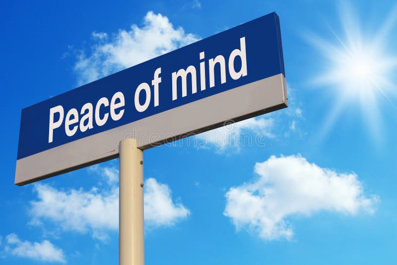 Peace Of Mind road sign with blue sunny sky background.