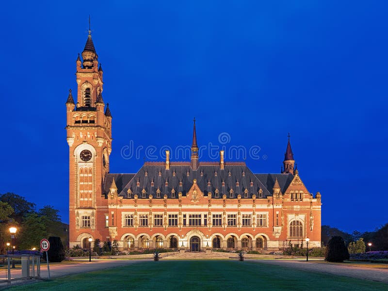 The Peace Palace at evening in The Hague, Netherlands stock photos The Peace Palace at evening in The Hague, Netherlands stock photos