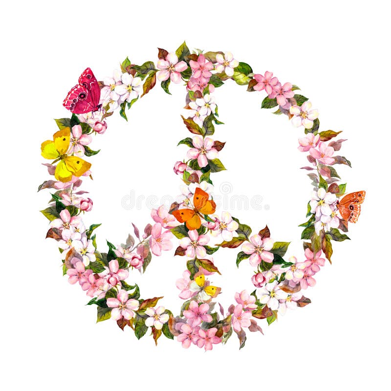 Peace sign with pink flowers - cherry blossom, sakura. Watercolor. Peace sign with pink flowers - cherry blossom, sakura. Watercolor