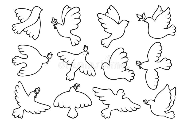 Peace Symbol Dove Contour Outline Set Flying Bird Pigeon Olive Branch ...