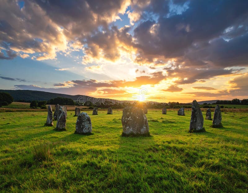 A Peaceful, Ancient Stone Circle in the Middle of a Grassy Field Under a Dramatic Sky vector illustration