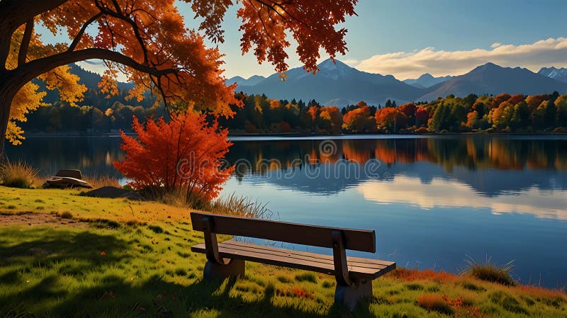 Peaceful autumn lakeside scene with bench stock illustratie