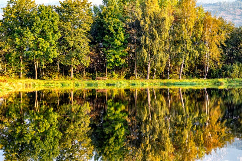 Peaceful Scene Of Beautiful Autumn Mountain Landscape With Lake Stock