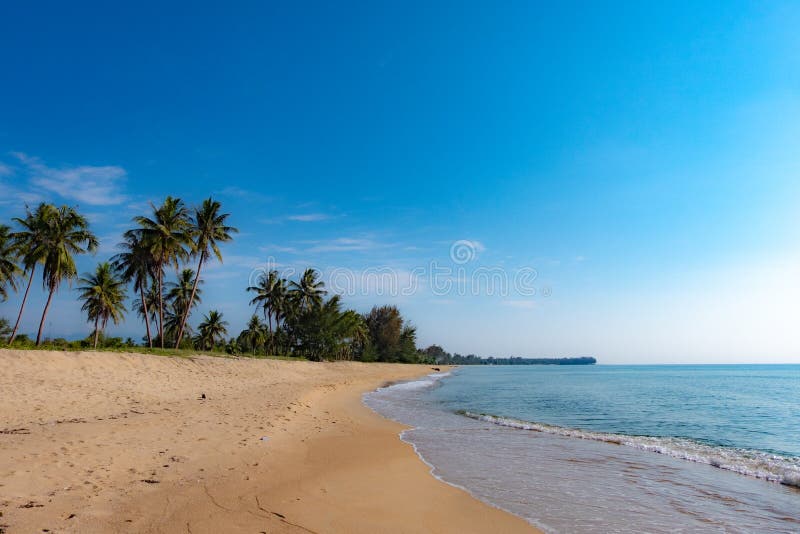 A peaceful beach scene in Thailand, exotic tropical beach landscapes and blue sea under a blue background. Relaxing summer holiday