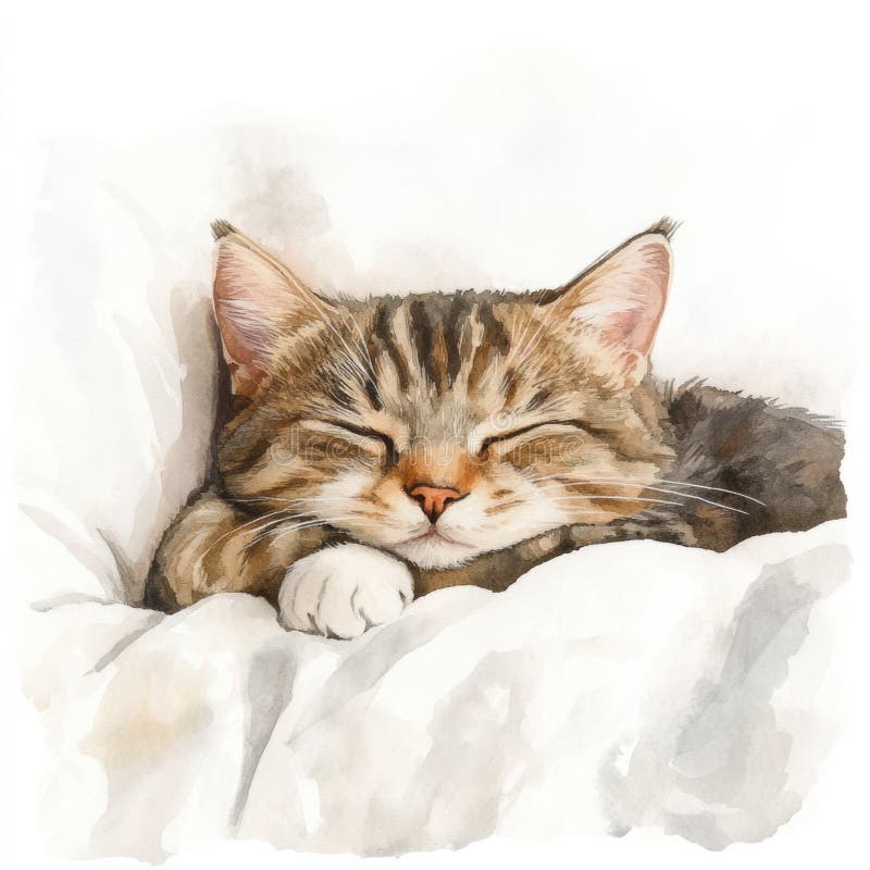 A peaceful cat curled up and sleeping soundly on a soft white bedspread in a cozy indoor setting. Generative AI. A fluffy cat enjoys a deep slumber on a white bedspread, radiating tranquility in a serene indoor environment. AI generated