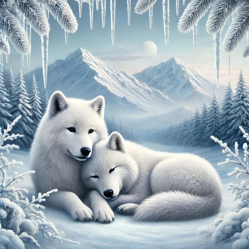 A peaceful duo of wolves nestled together in an icy, mountainous setting. stock image