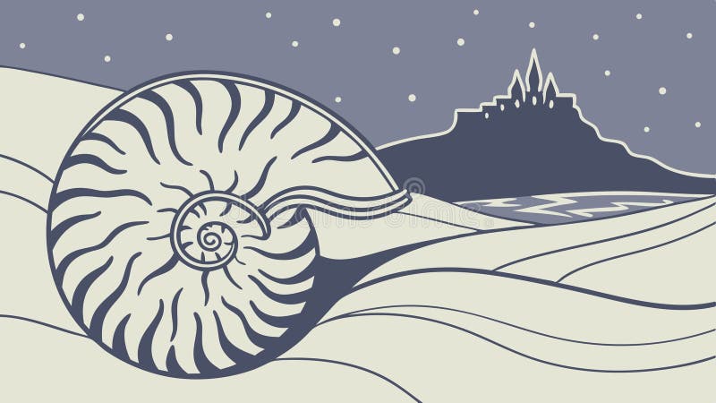 Nautilus shell on a sandy beach. Peaceful flat vector design, vector design Generative AI stock illustration