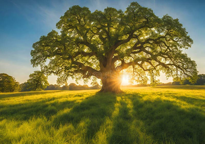 Peaceful magical ancient tree in a field. royalty free illustration
