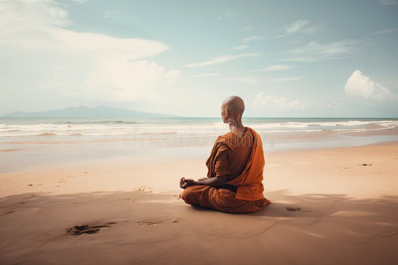 Peaceful Scene With Monk In Lotus Position Meditating On Serene Beach