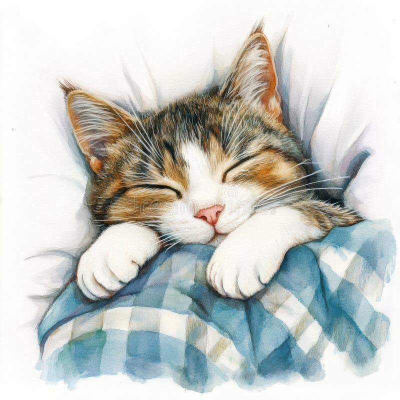 A peaceful sleeping cat curled up on a cozy bedspread with a soft white background in a serene domestic setting royalty free stock images