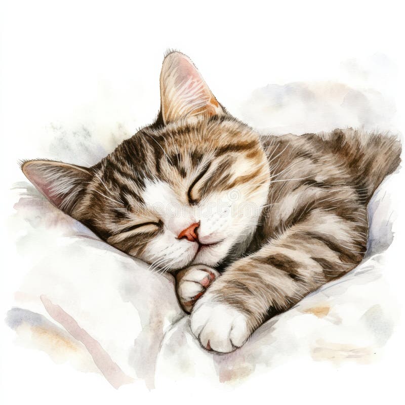 A peaceful sleeping cat curled up on a cozy white bedspread during a calm afternoon rest. Generative AI royalty free stock photo