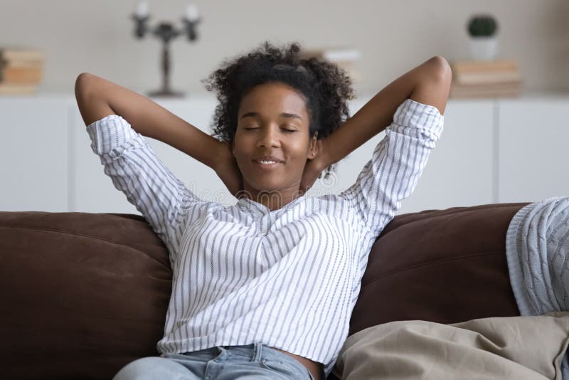 Mindful Millennial Woman Meditating in Office To Reduce Work Str Stock ...