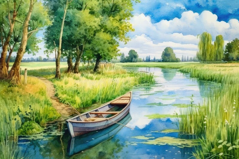 Peaceful Spring Landscape with a River and Boat