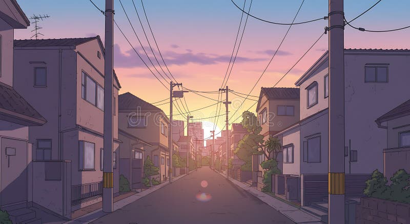 A peaceful sunset street view in anime style - generated using ai royalty free illustration