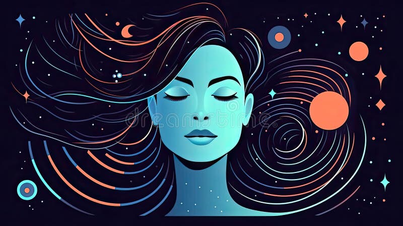 Peaceful woman with third eye employs intuition in decisions. Psychic girl considers mind and heart. Spirituality, esotericism. illustration in cartoon style, Generative AI illustration.