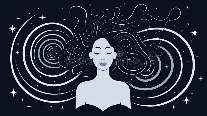 Peaceful woman with third eye employs intuition in decisions. Psychic girl considers mind and heart. Spirituality, esotericism. illustration in cartoon style, Generative AI illustration.