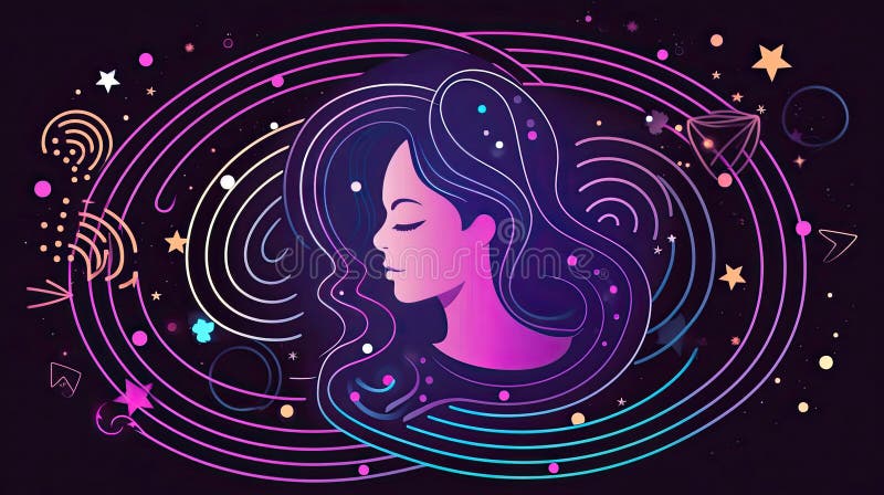 Peaceful woman with third eye employs intuition in decisions. Psychic girl considers mind and heart. Spirituality, esotericism. illustration in cartoon style, Generative AI illustration.