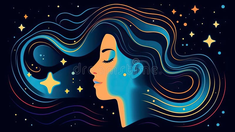 Peaceful woman with third eye employs intuition in decisions. Psychic girl considers mind and heart. Spirituality, esotericism. illustration in cartoon style, Generative AI illustration.