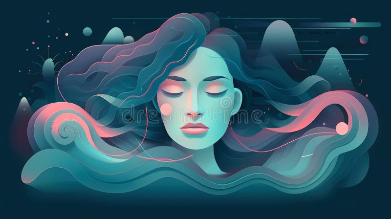 Peaceful woman with third eye employs intuition in decisions. Psychic girl considers mind and heart. Spirituality, esotericism. illustration in cartoon style, Generative AI illustration.