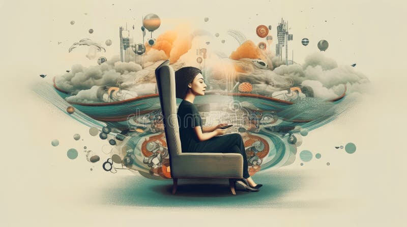 Peaceful woman with third eye employs intuition in decisions. Psychic girl considers mind and heart. Spirituality, esotericism. illustration in cartoon style, Generative AI illustration.