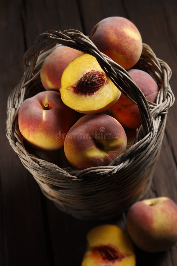 Basket of Yellow Peaches, Well, What S Left of it )) Stock Photo