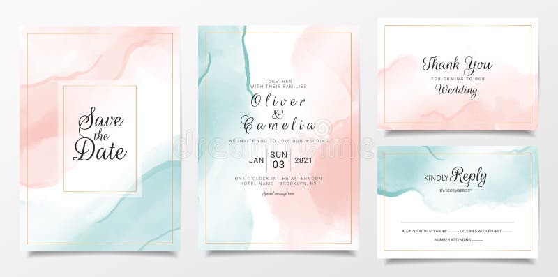 Peach and blue watercolor wedding invitation card template set with gold line decoration. Abstract background save the date