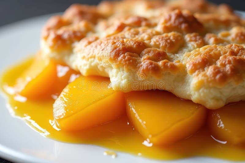 Peach Cobbler Closeup - Freshly Baked Fruit Dessert stock image