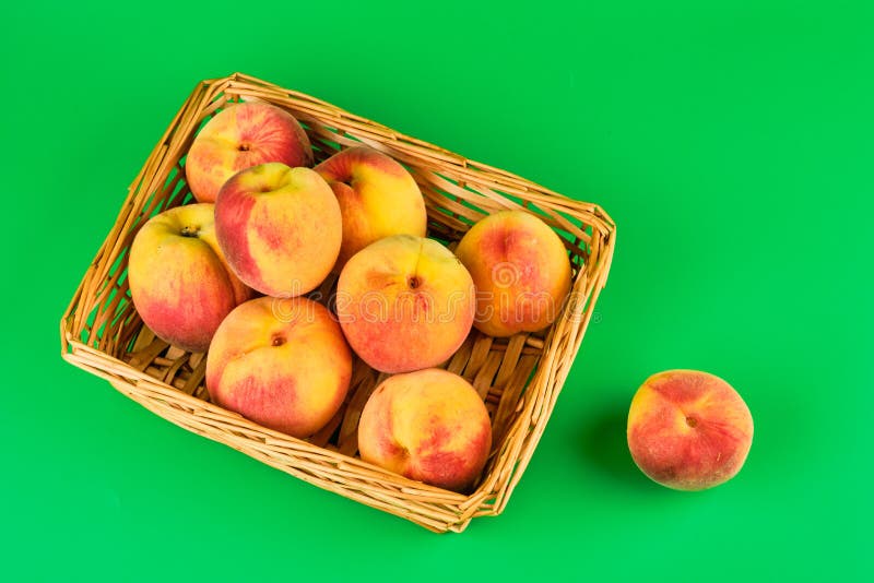 Peach Fruit in Basket on Green Background Stock Image Image of sweet