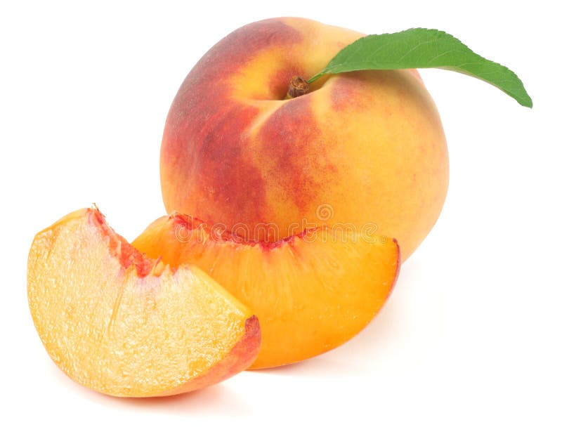 Peach Fruit with Green Leaf and Slices Isolated on White Background