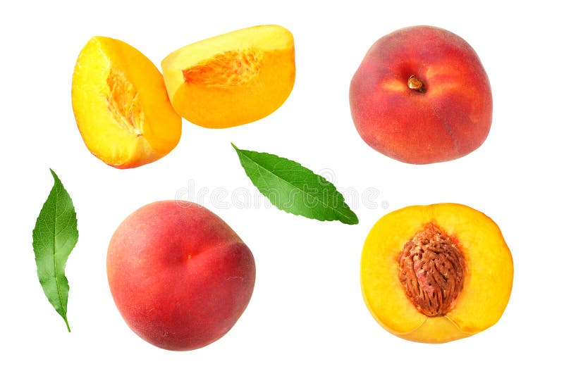 Peach Fruit with Green Leaf and Slices Isolated on White Background