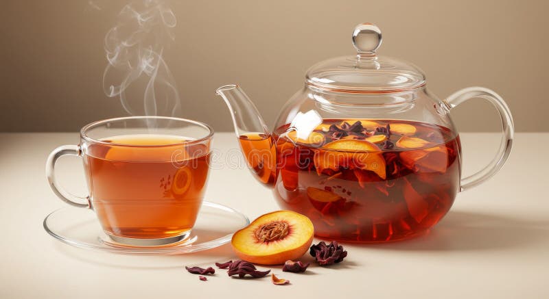 Peach Hibiscus Tea in Glass Teapot and Cup vektor illustrationer