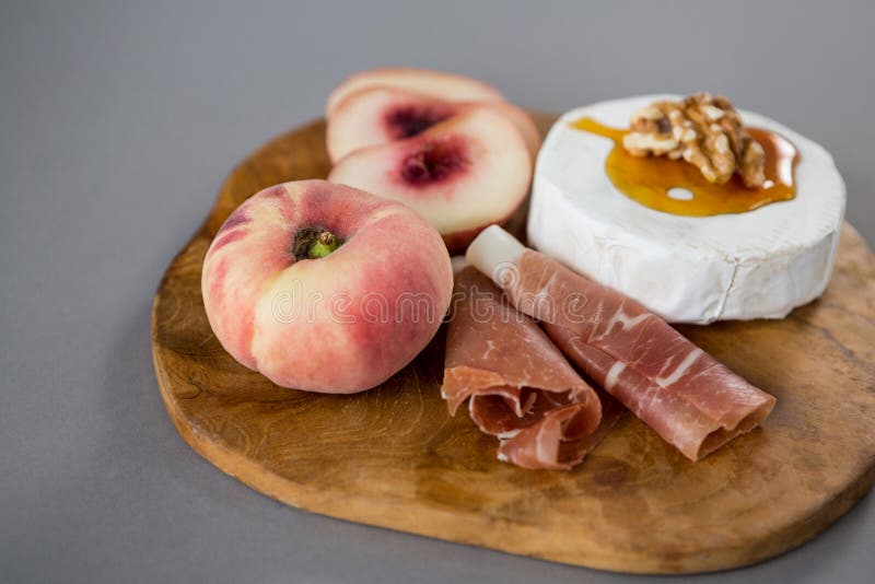 Peach with Meat and Brie Cheese on Wooden Board Stock Image Image of
